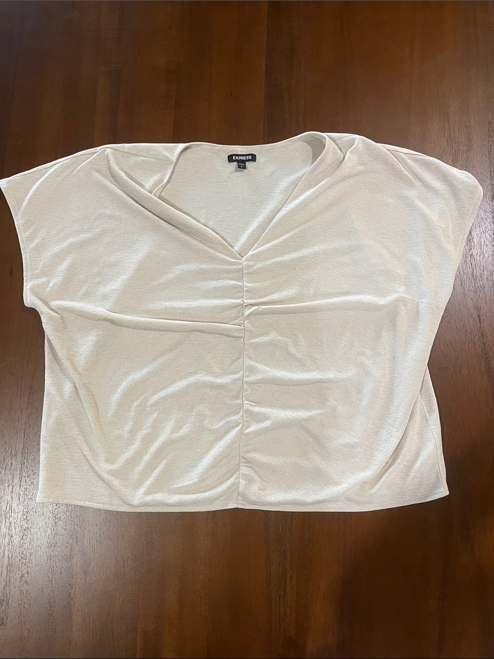 Express Women's Short Sleeve V-Neck Ruched Front Top in Cream
